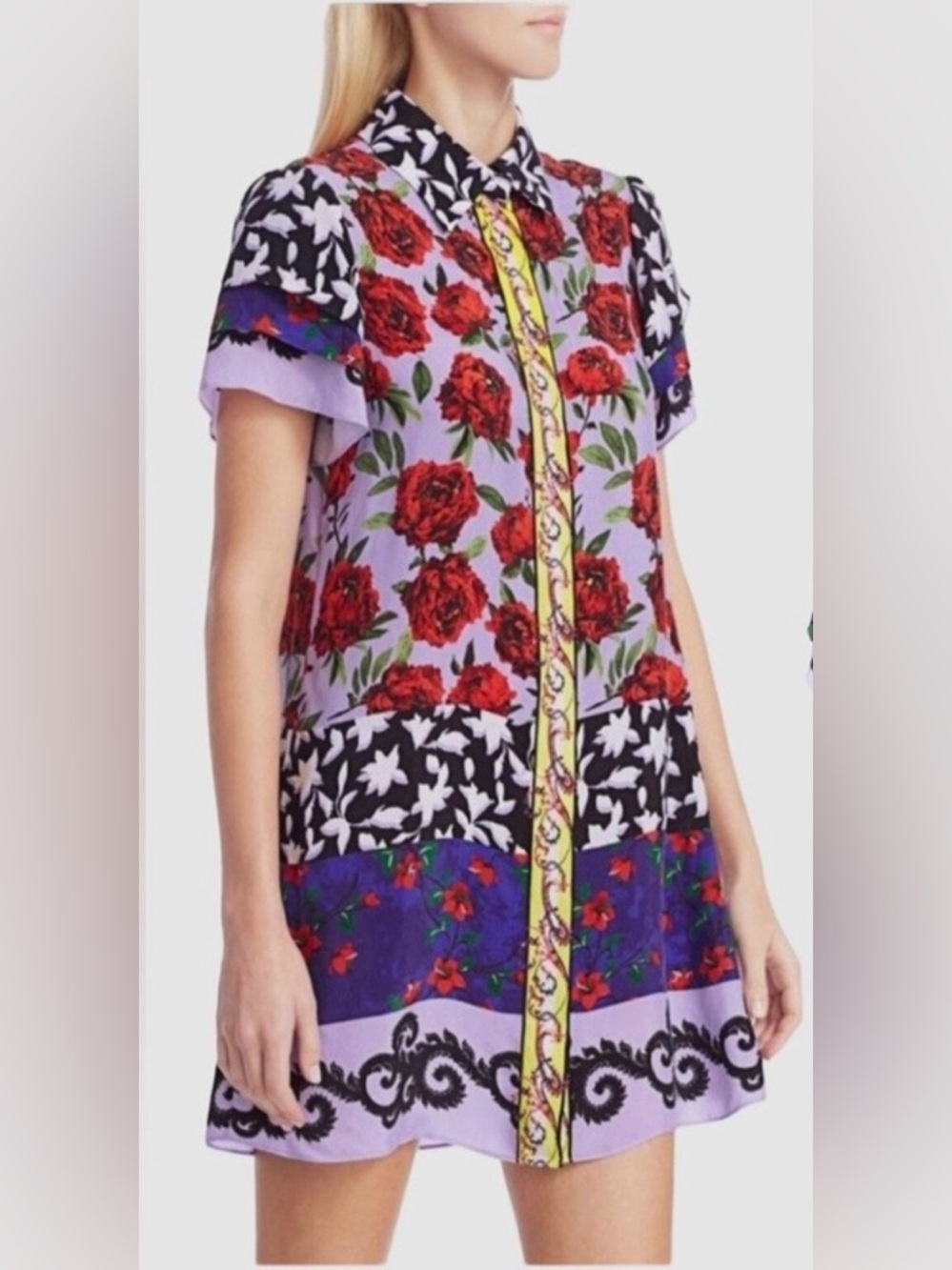Alice + Olivia Lavender Floral Button-Front Dress with Black & Red Accents